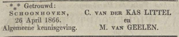 1866 04 27 Opregte Haarlemsche Courant - huwelijk Van der Kas Littel-Geelen
