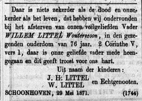 1871 06 04 Schoonhovensche Courant - overlijden Willem Littel Wouterszoon