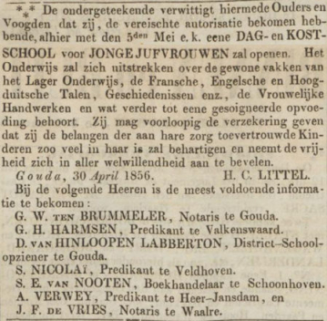 1856 05 02 Opregte Haarlemsche Courant - kostschool H.C. Littel
