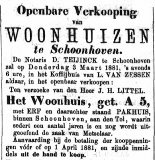 1881 02 13 Schoonhovensche Courant - verkoop huis J.H. Littel