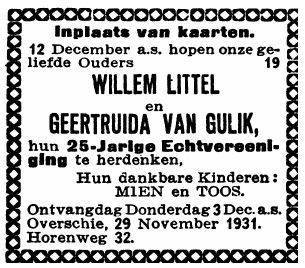 1931 11 28 Rotterdamsch Nieuwsblad - huwelijksjubileum Littel-van Gulik