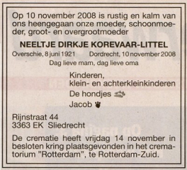 2008 overlijdensannonce Neeltje Dirkje Littel